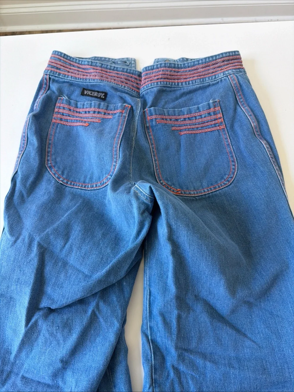 Vtg Viceroy Bell Bottom Jeans Womens Wide Leg Flare Orange Contrast Stitch Denim